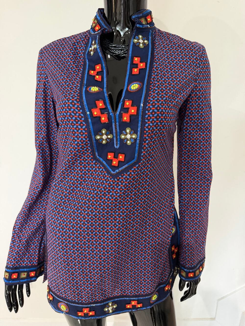 Tory Burch Embellished Cotton Tunic Top Beaded Sequin Boho Blue Red Small